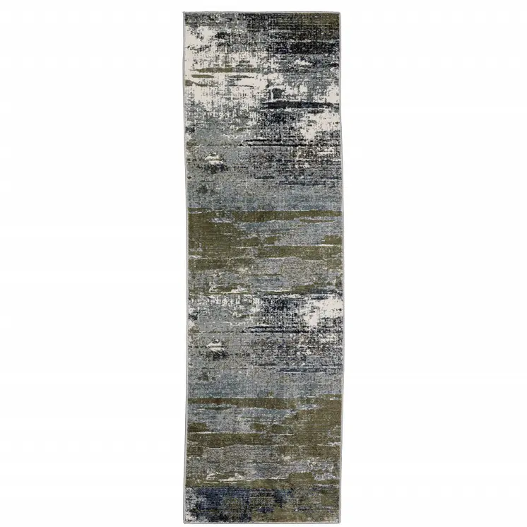2' X 8' Blue Green Grey Brown And Beige Abstract Power Loom Stain Resistant Runner Rug