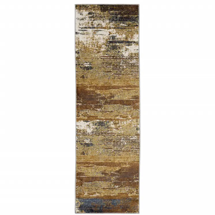 2' X 8' Gold Brown Rust Grey Blue And Beige Abstract Power Loom Stain Resistant Runner Rug