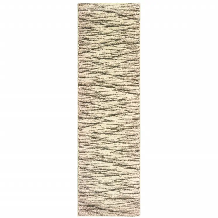 2' X 8' Ivory Sand And Ash Abstract Power Loom Stain Resistant Runner Rug