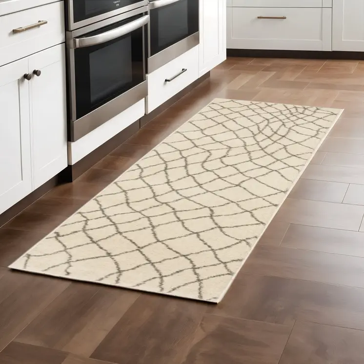 2' X 8' Ivory And Grey Geometric Power Loom Stain Resistant Runner Rug
