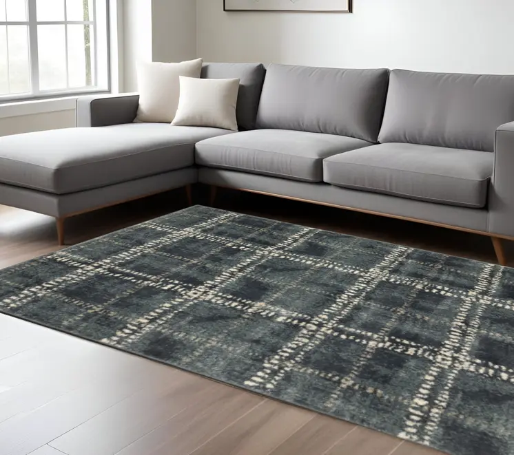 8' X 10' Blue And Ivory Geometric Power Loom Stain Resistant Area Rug