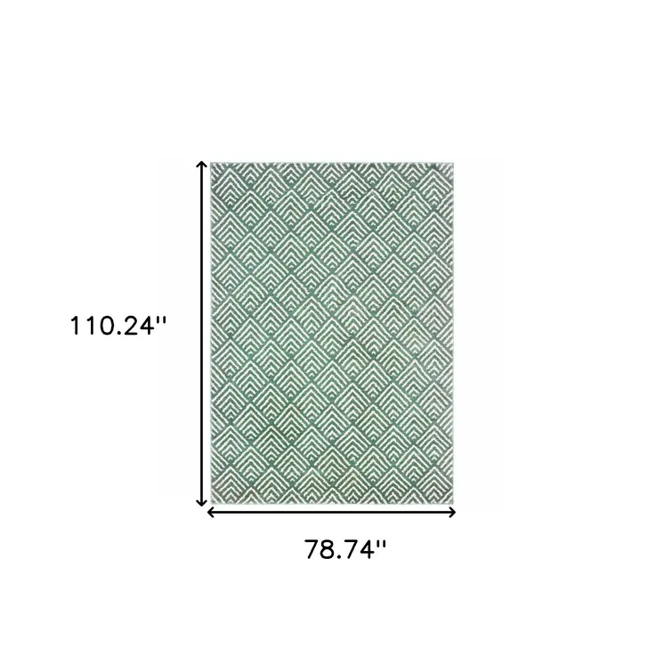 7' X 9' Blue And Ivory Geometric Shag Area Rug