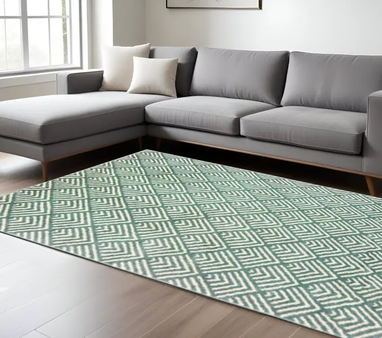 7' X 9' Blue And Ivory Geometric Shag Area Rug