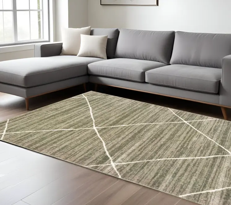 7' X 9' Gray And Ivory Geometric Shag Area Rug