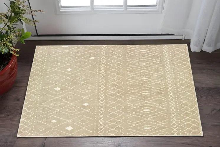 2' X 3' Sand And Ivory Geometric Power Loom Stain Resistant Area Rug