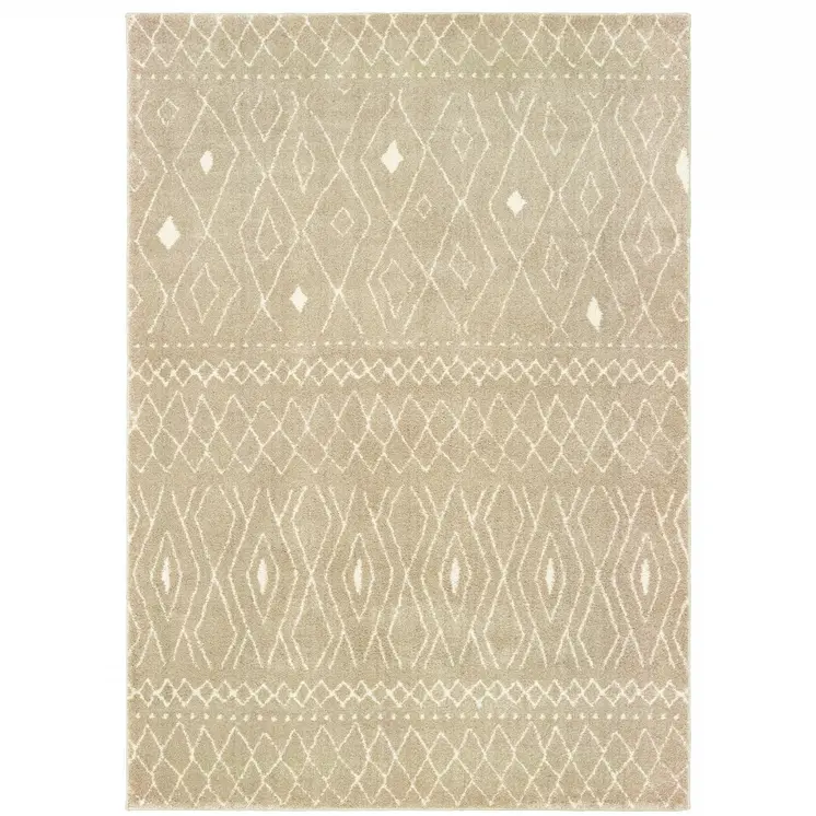 8' X 10' Sand And Ivory Geometric Power Loom Stain Resistant Area Rug