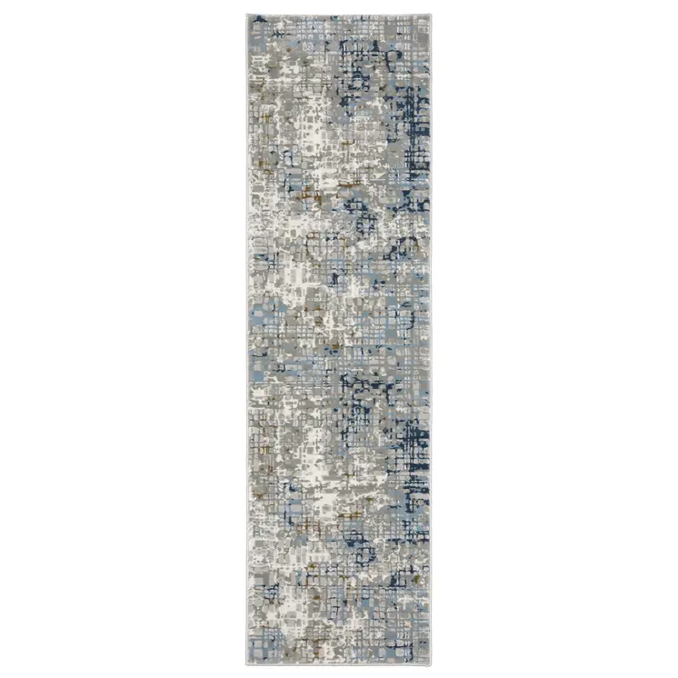 2' X 8' Blue Ivory Grey Brown Beige And Light Blue Abstract Power Loom Stain Resistant Runner Rug