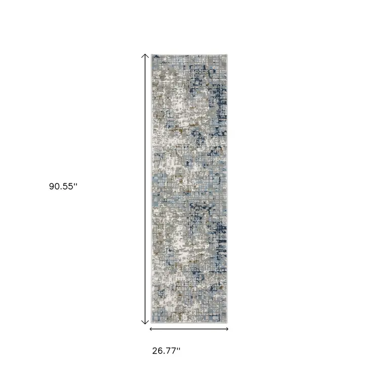 2' X 8' Blue Ivory Grey Brown Beige And Light Blue Abstract Power Loom Stain Resistant Runner Rug