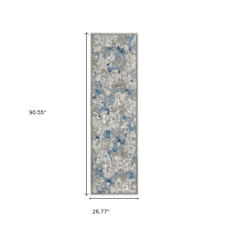 2' X 8' Grey Blue Ivory Navy Beige And Brown Abstract Power Loom Stain Resistant Runner Rug