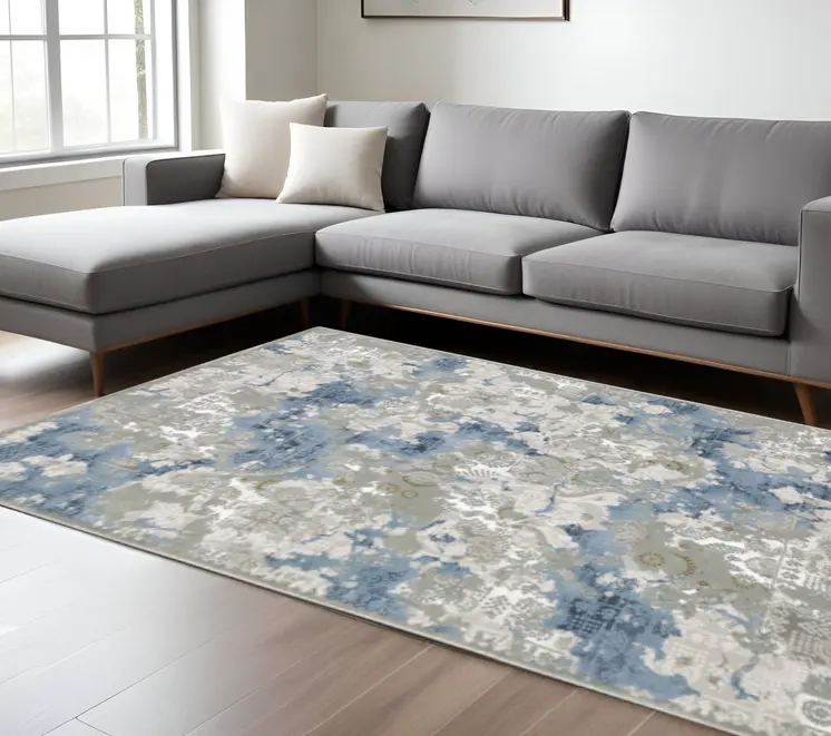 10' X 13' Grey Blue Ivory Navy Beige And Brown Abstract Power Loom Stain Resistant Area Rug