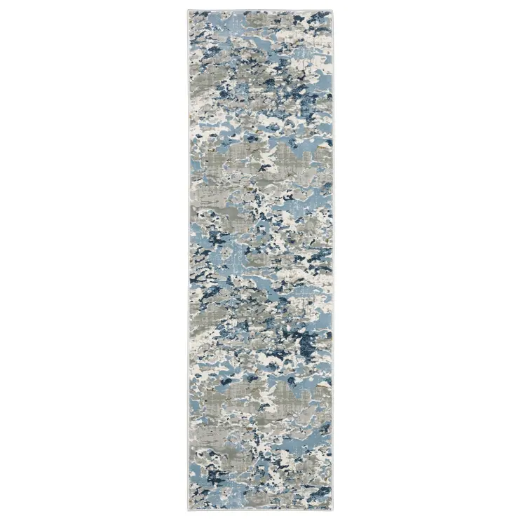 2' X 8' Grey Blue Ivory Navy Beige And Brown Abstract Power Loom Stain Resistant Runner Rug