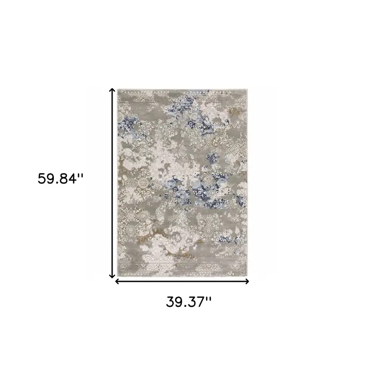 3' X 5' Grey Blue Ivory Brown And Navy Abstract Power Loom Stain Resistant Area Rug