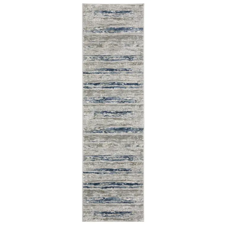 2' X 8' Grey Blue Light Blue Ivory And Brown Abstract Power Loom Stain Resistant Runner Rug