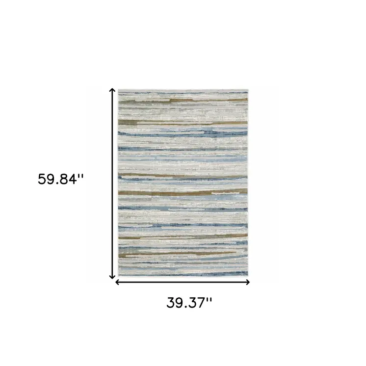 3' X 5' Grey Blue Ivory Brown Beige And Navy Abstract Power Loom Stain Resistant Area Rug