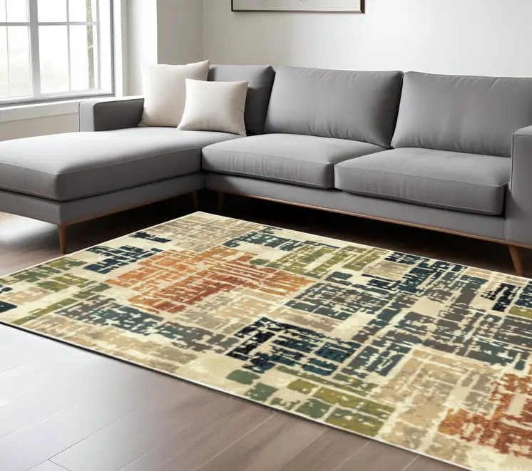 10' X 13' Beige Terracotta Green Navy And Grey Abstract Power Loom Stain Resistant Area Rug