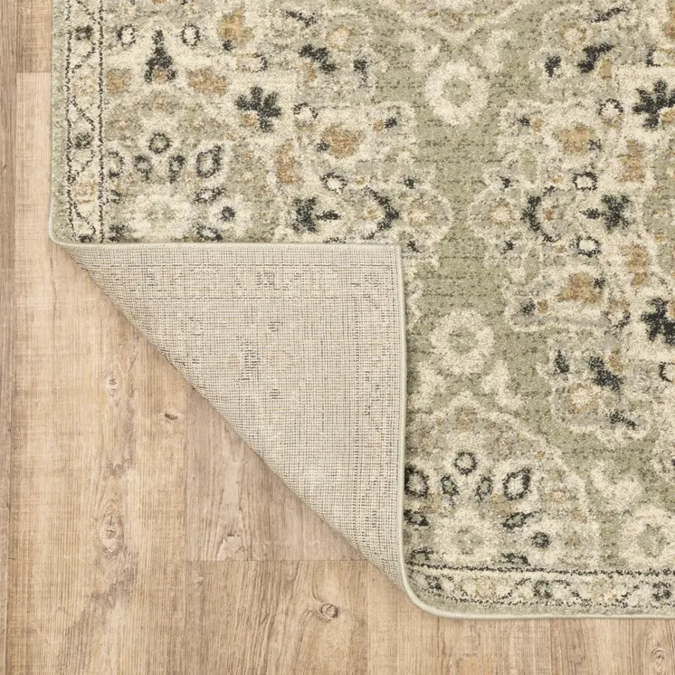 2' X 8' Green Ivory Grey And Tan Floral Power Loom Stain Resistant Runner Rug