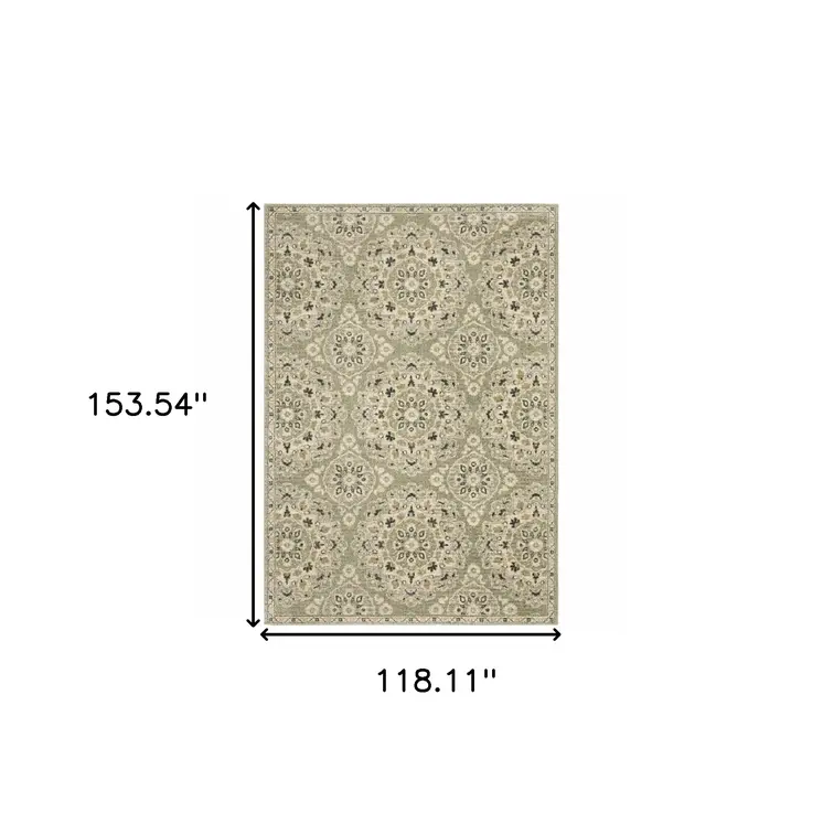 10' X 13' Green Ivory Grey And Tan Floral Power Loom Stain Resistant Area Rug