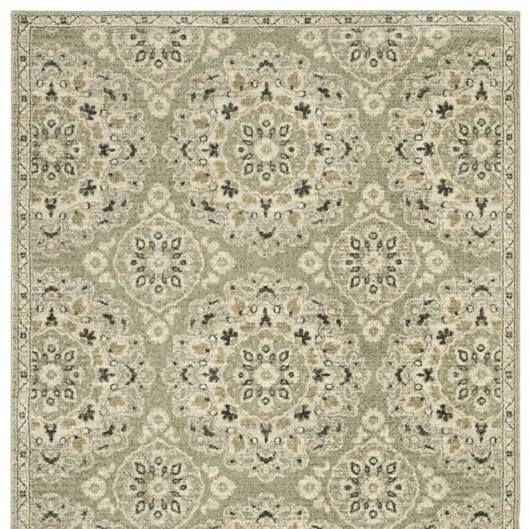 10' X 13' Green Ivory Grey And Tan Floral Power Loom Stain Resistant Area Rug