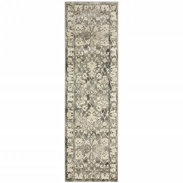 2' X 8' Grey Beige Tan And Brown Oriental Power Loom Stain Resistant Runner Rug