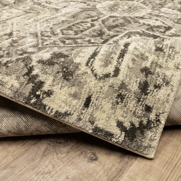 2' X 8' Grey Ivory And Brown Oriental Power Loom Stain Resistant Runner Rug