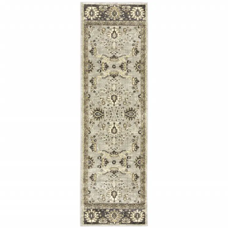 2' X 8' Grey Brown Tan And Beige Oriental Power Loom Stain Resistant Runner Rug