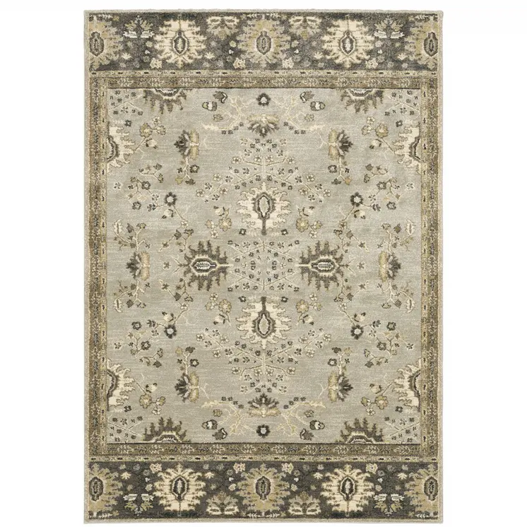 6' X 9' Grey Brown Tan And Beige Oriental Power Loom Stain Resistant Area Rug