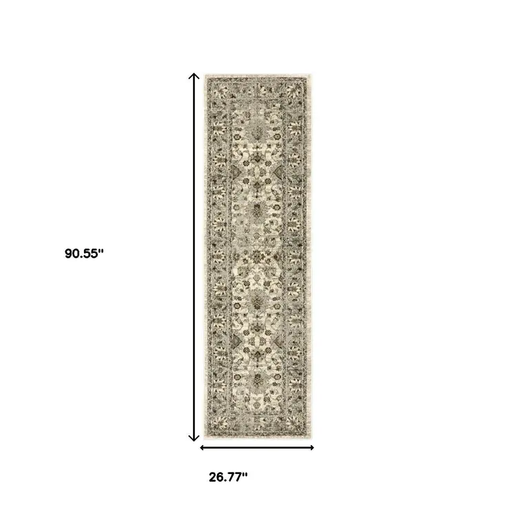 2' X 8' Beige Grey Brown And Charcoal Oriental Power Loom Stain Resistant Runner Rug