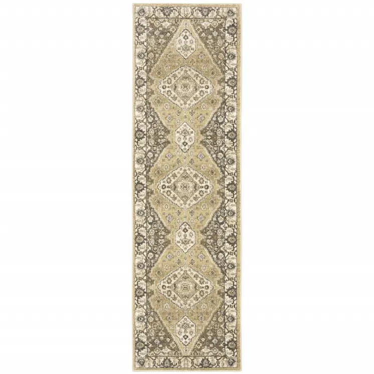 2' X 8' Beige Grey Tan And Charcoal Oriental Power Loom Stain Resistant Runner Rug