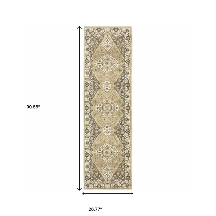 2' X 8' Beige Grey Tan And Charcoal Oriental Power Loom Stain Resistant Runner Rug