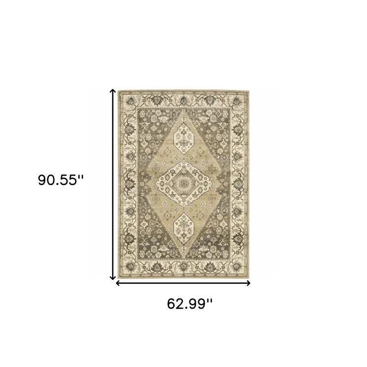 5' X 8' Beige Grey Tan And Charcoal Oriental Power Loom Stain Resistant Area Rug