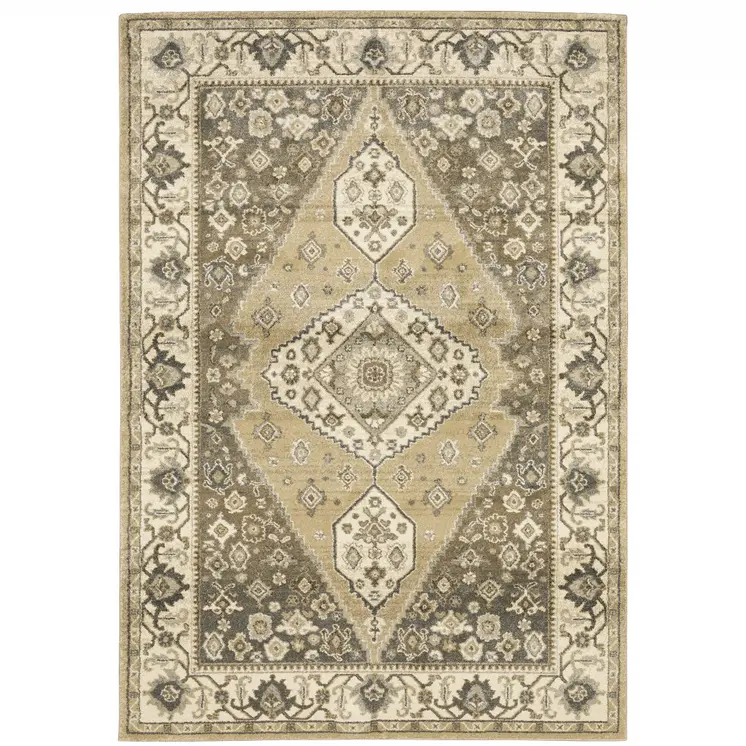 8' X 11' Beige Grey Tan And Charcoal Oriental Power Loom Stain Resistant Area Rug
