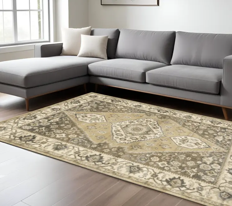 10' X 13' Beige Grey Tan And Charcoal Oriental Power Loom Stain Resistant Area Rug