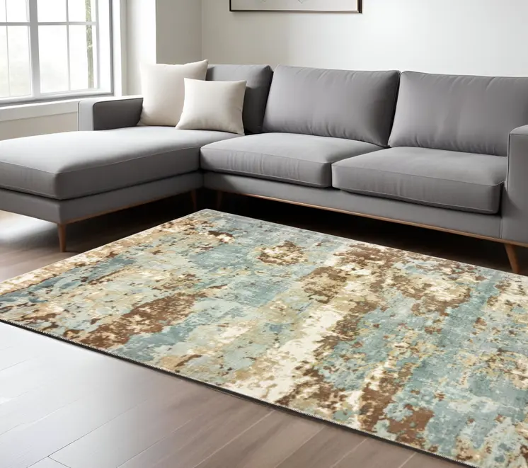 8' X 10' Blue And Brown Abstract Hand Loomed Stain Resistant Area Rug