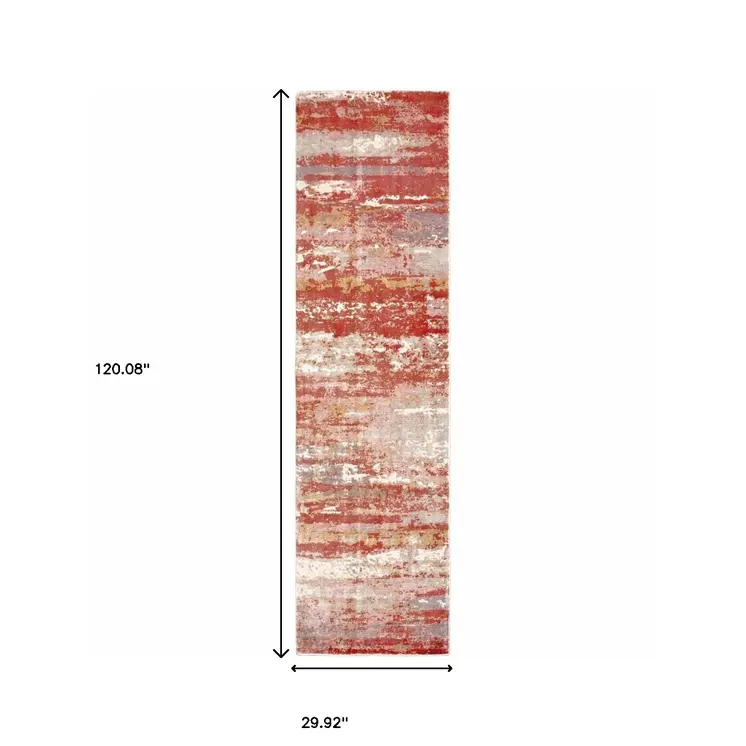 2' X 10' Pink And Red Abstract Hand Loomed Stain Resistant Runner Rug