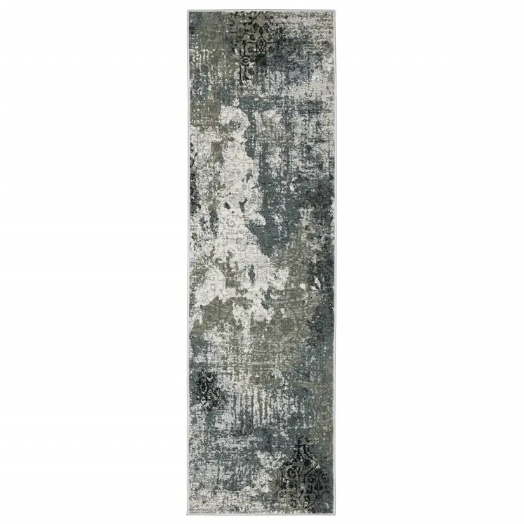 2' X 8' Ivory Grey Charcoal Blue And Navy Abstract Power Loom Stain Resistant Runner Rug