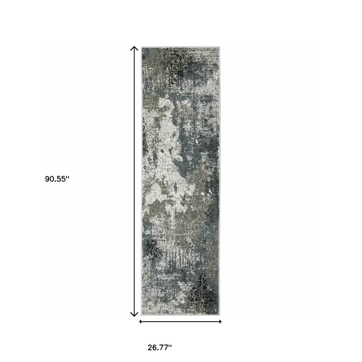 2' X 8' Ivory Grey Charcoal Blue And Navy Abstract Power Loom Stain Resistant Runner Rug