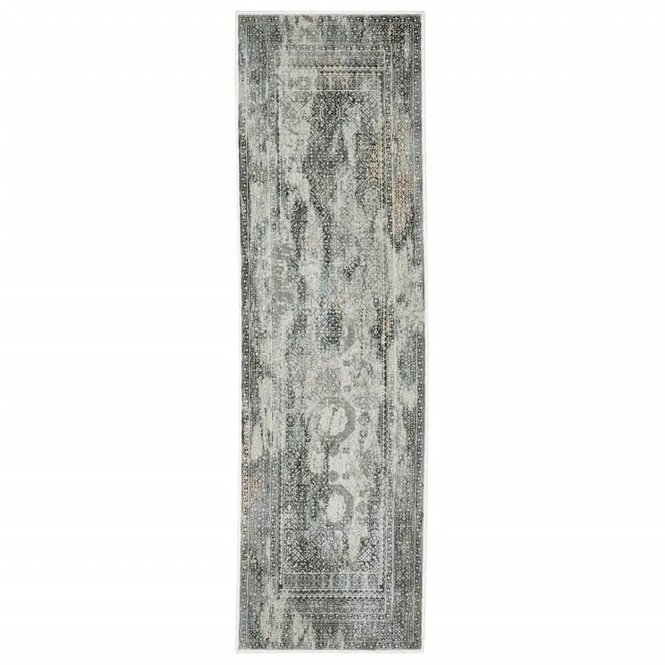 2' X 8' Ivory Grey Charcoal Blue And Rust Oriental Power Loom Stain Resistant Runner Rug