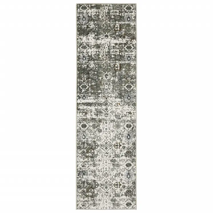 2' X 8' Ivory Grey Charcoal Rust Gold And Brown Oriental Power Loom Stain Resistant Runner Rug