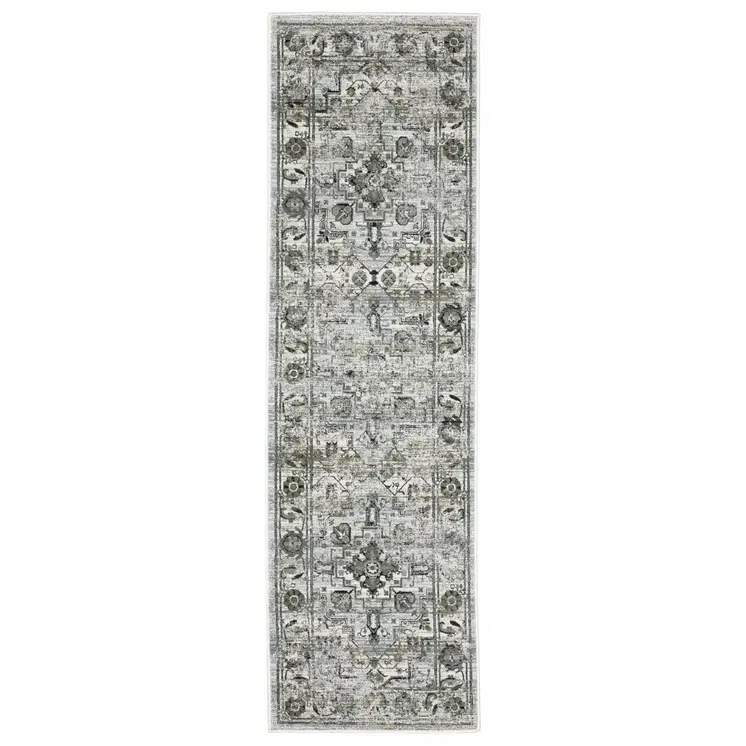 2' X 8' Ivory Grey Charcoal Blue And Taupe Oriental Power Loom Stain Resistant Runner Rug