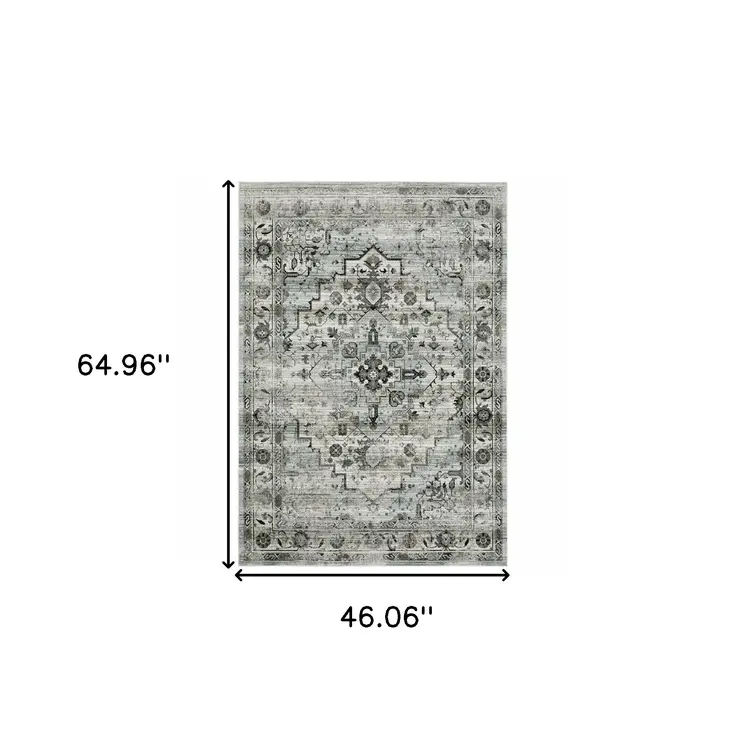 4' X 6' Gray And Blue Oriental Distressed Area Rug