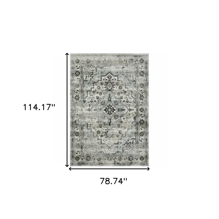 6' X 9' Ivory Grey Charcoal Blue And Taupe Oriental Power Loom Stain Resistant Area Rug
