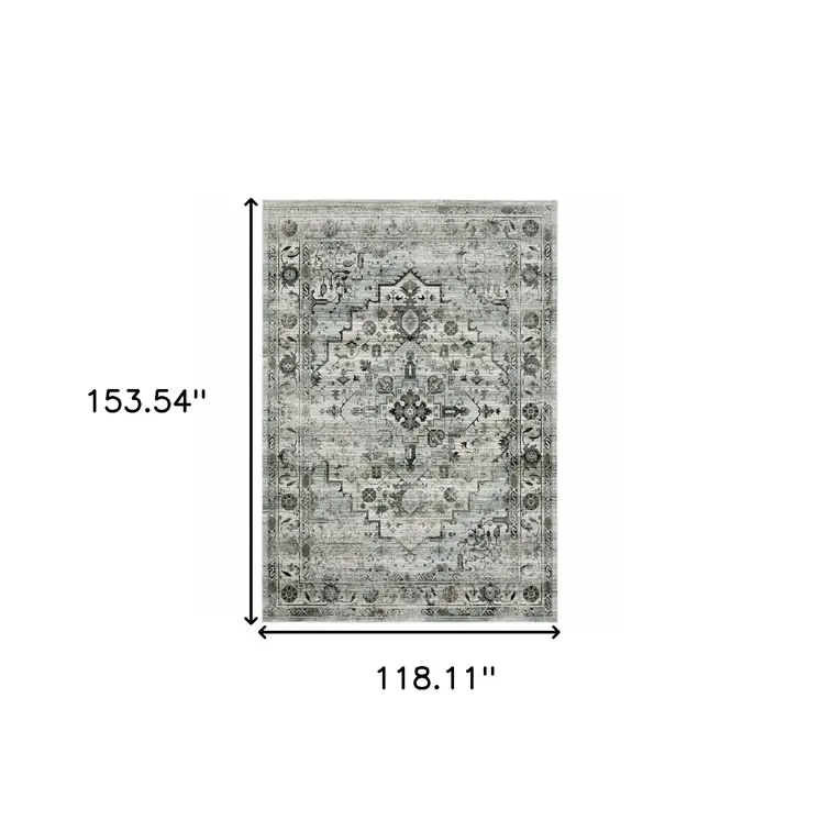 10' X 13' Ivory Grey Charcoal Blue And Taupe Oriental Power Loom Stain Resistant Area Rug