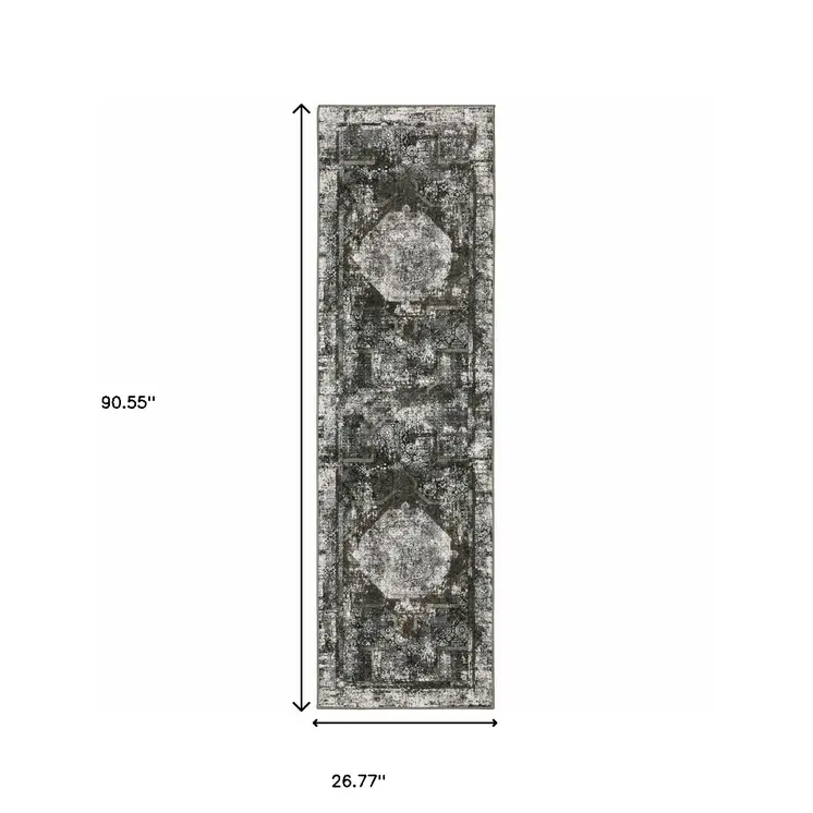 2' X 8' Charcoal Rust Grey Blue Ivory And Brown Oriental Power Loom Stain Resistant Runner Rug