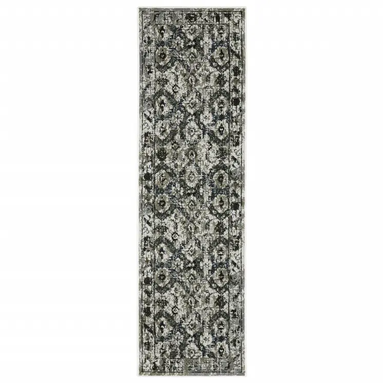 2' X 8' Ivory Charcoal Grey Blue Rust Gold And Brown Oriental Power Loom Stain Resistant Runner Rug