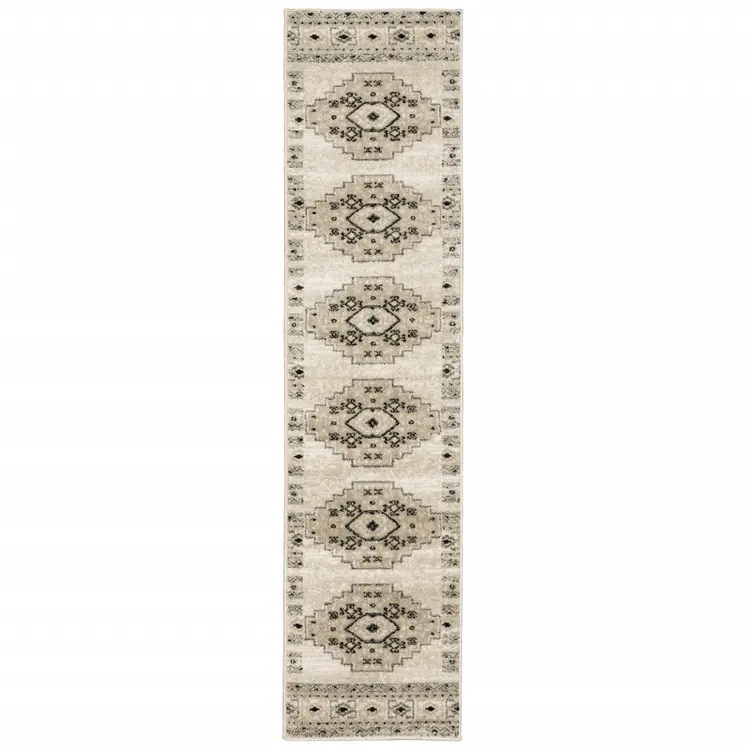 2' X 8' Ivory Grey Black And Ivory Southwestern Power Loom Stain Resistant Runner Rug