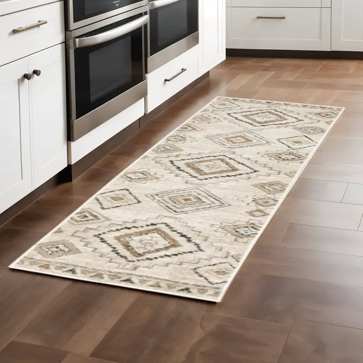 2' X 8' Ivory Grey Black And Ivory Southwestern Power Loom Stain Resistant Runner Rug