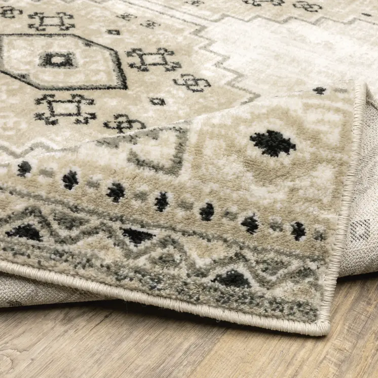 2' X 8' Ivory Grey Black And Ivory Southwestern Power Loom Stain Resistant Runner Rug