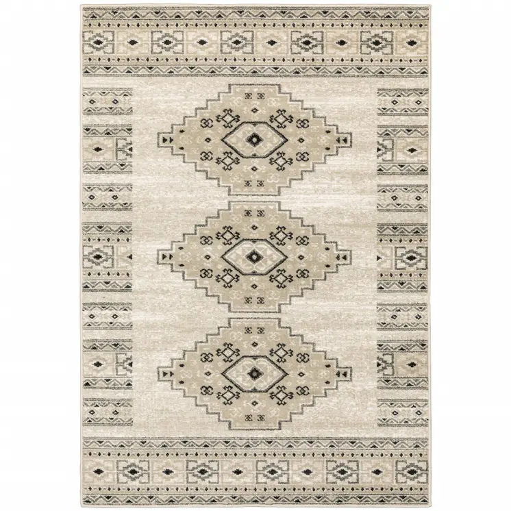 7' X 9' Gray And Ivory Southwestern Area Rug