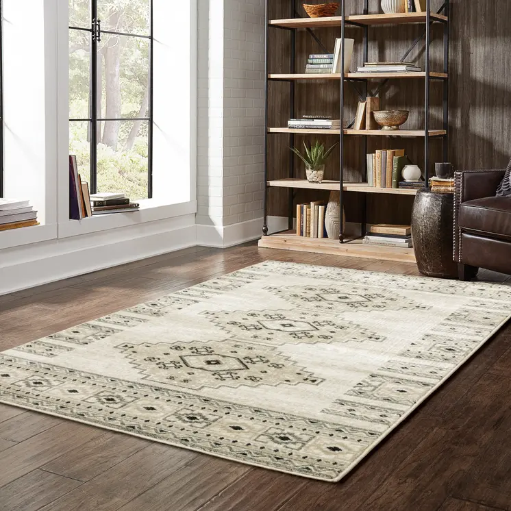 7' X 9' Gray And Ivory Southwestern Area Rug