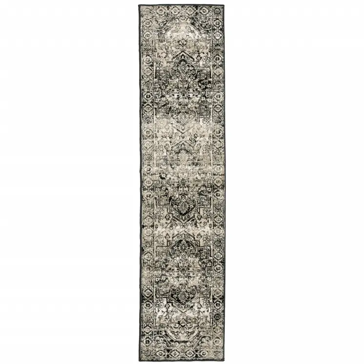 2' X 8' Black Grey Tan And Ivory Oriental Power Loom Stain Resistant Runner Rug